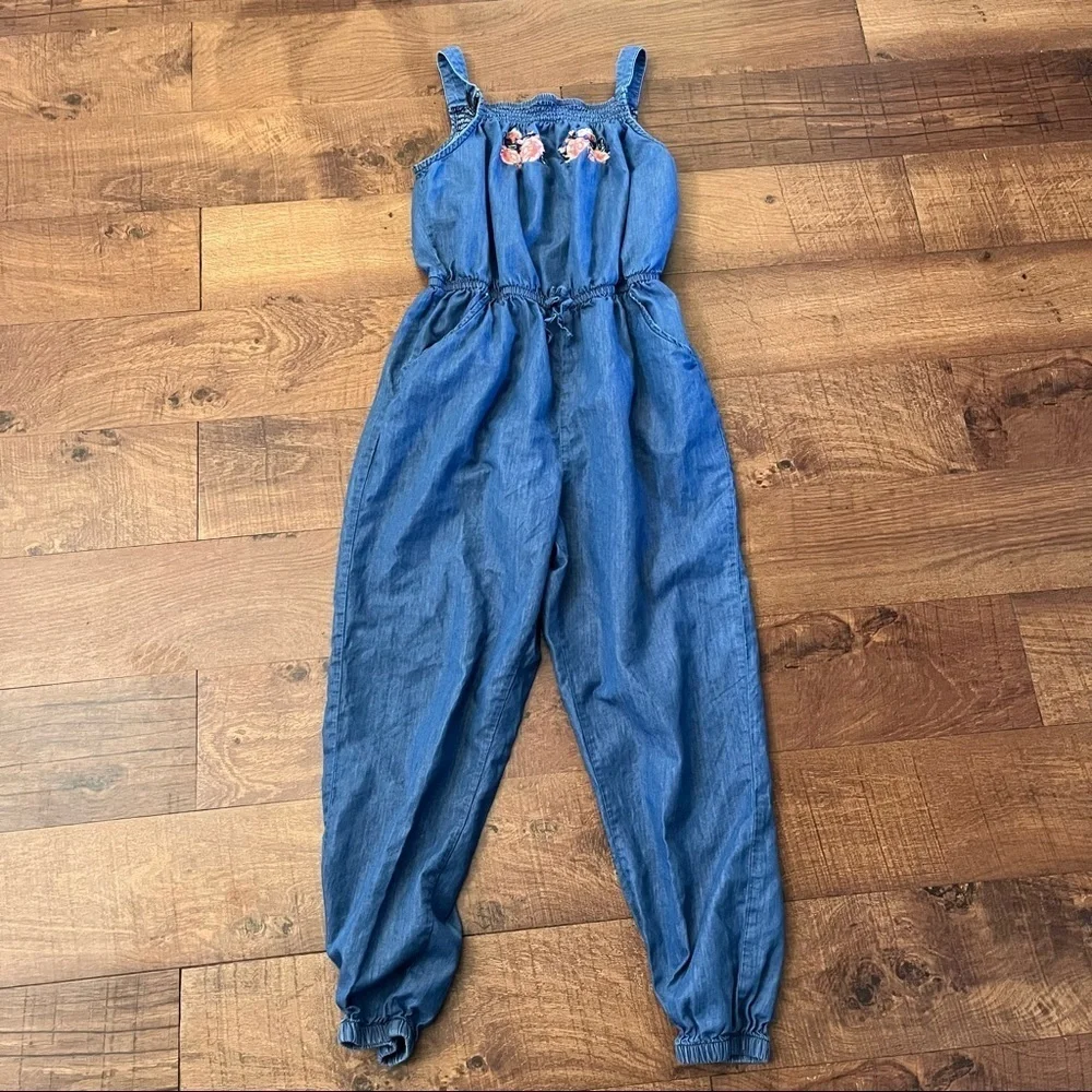 Justice girls romper one piece jeans w/flower design Sz 20 elastic pockets